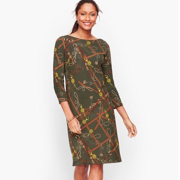 Talbots Shift Dress Green Chain Print Equestrian Cotton Pullover 3/4 Sleeve Sz L - Picture 1 of 11